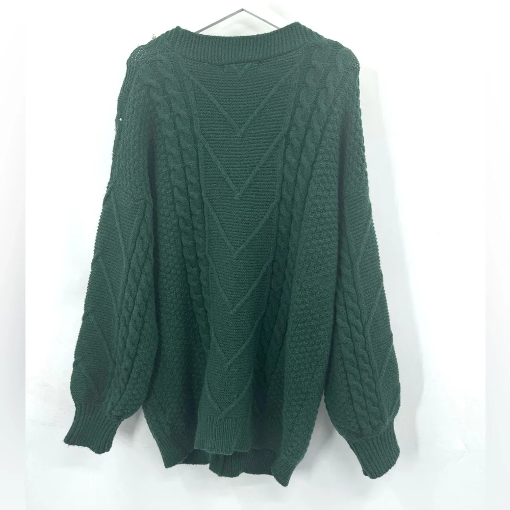 NWT By Egreis Pearl Detail Cable-Knit Button Up Cardigan Forest Green Small
